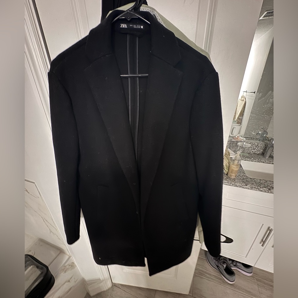Zara Men’s Black 4-Way Coat – Size S – Minimalist Long Overcoat